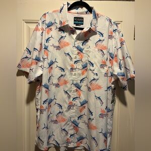 Scales Gear Tropical Slam White Fishing Shirt with Blue and Orange Fish Print